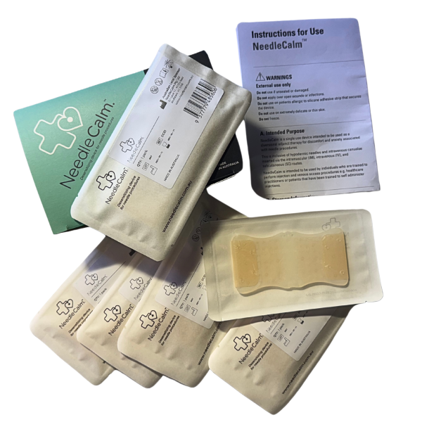 Unpackaged NeedleCalm box of Adhesive Pads
